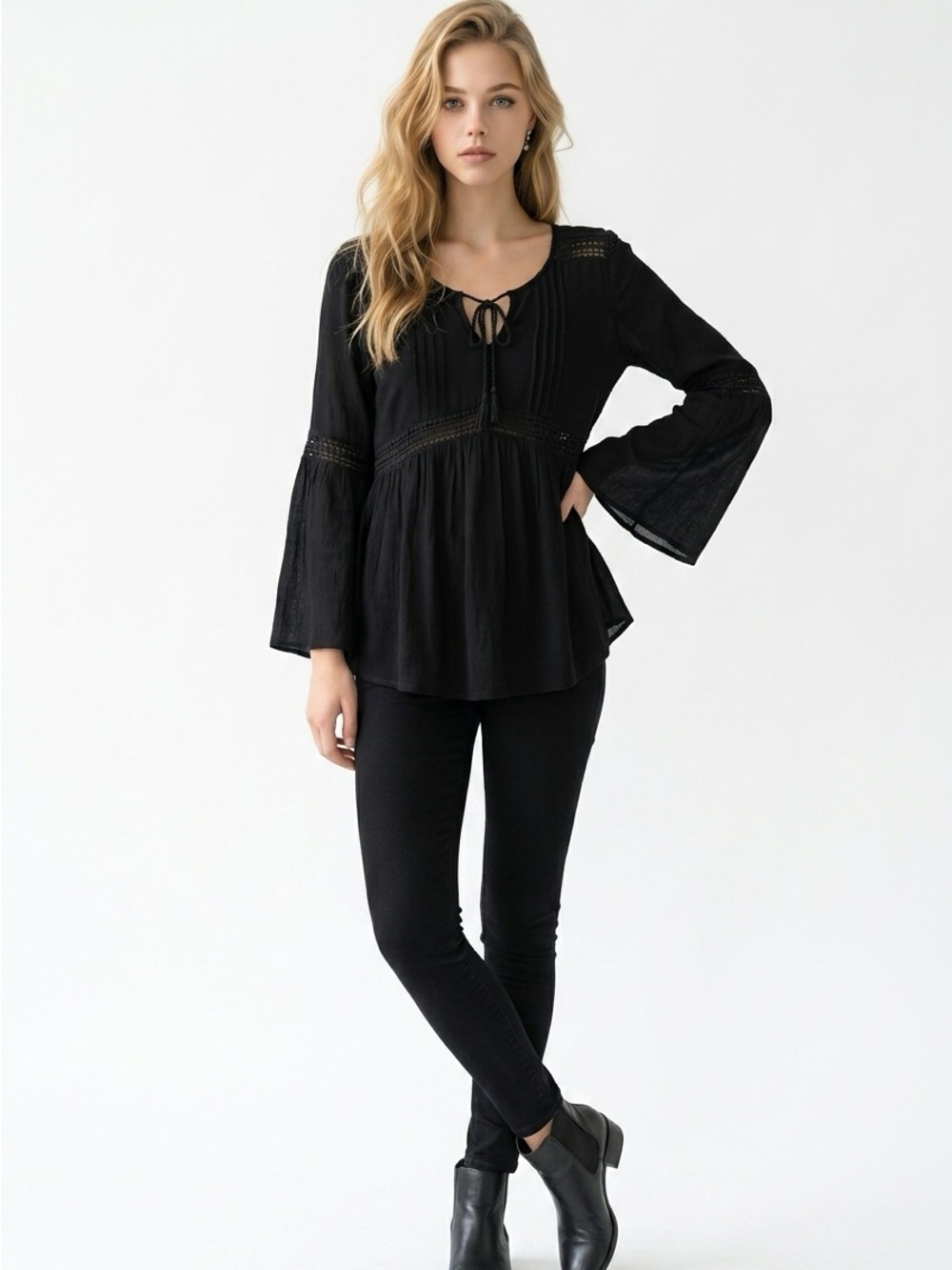 BONGO Black Lace-Detail Peasant Tunic Small